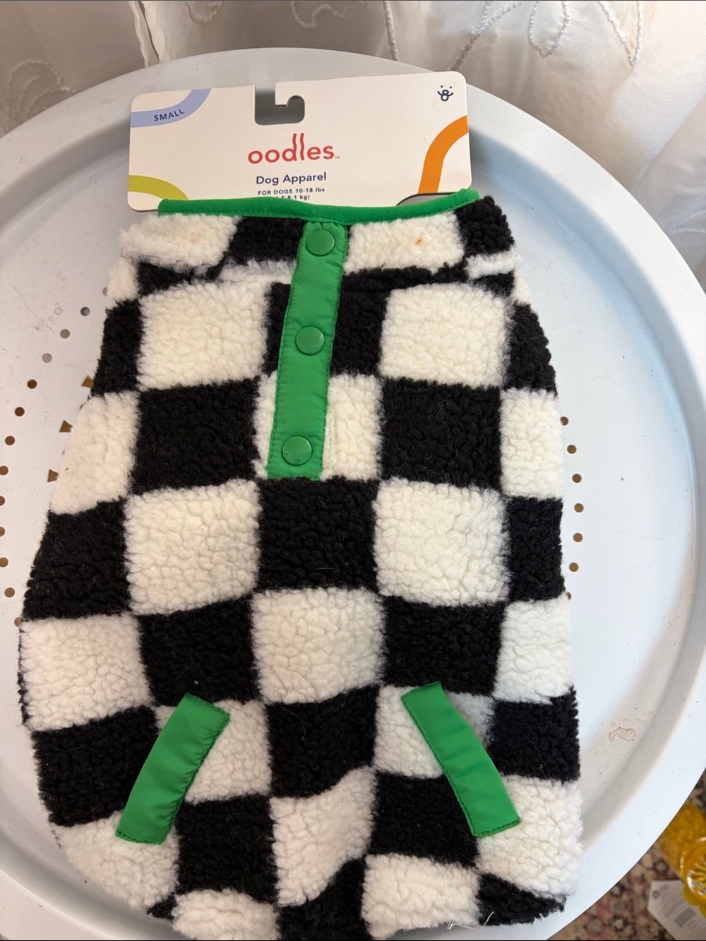 Oodles Black & White Check Sherpa One-Piece with Green Trim S NWT